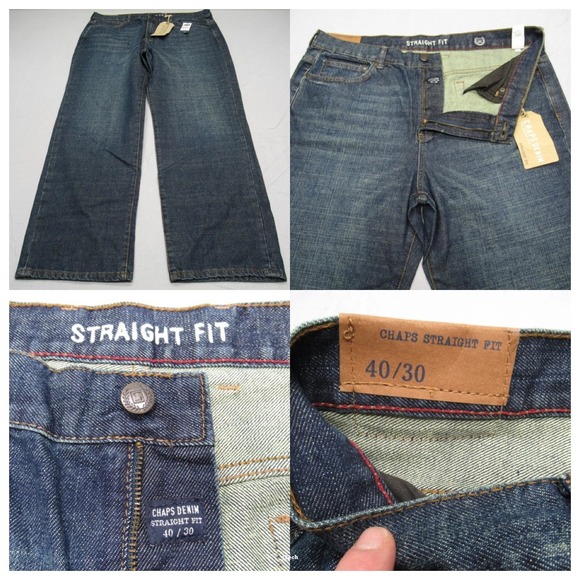 Chaps Jeans Mens 40x30 Baggy Wide Leg Dark Wash Straight Fit‎ Whiskering NEW - Picture 1 of 16